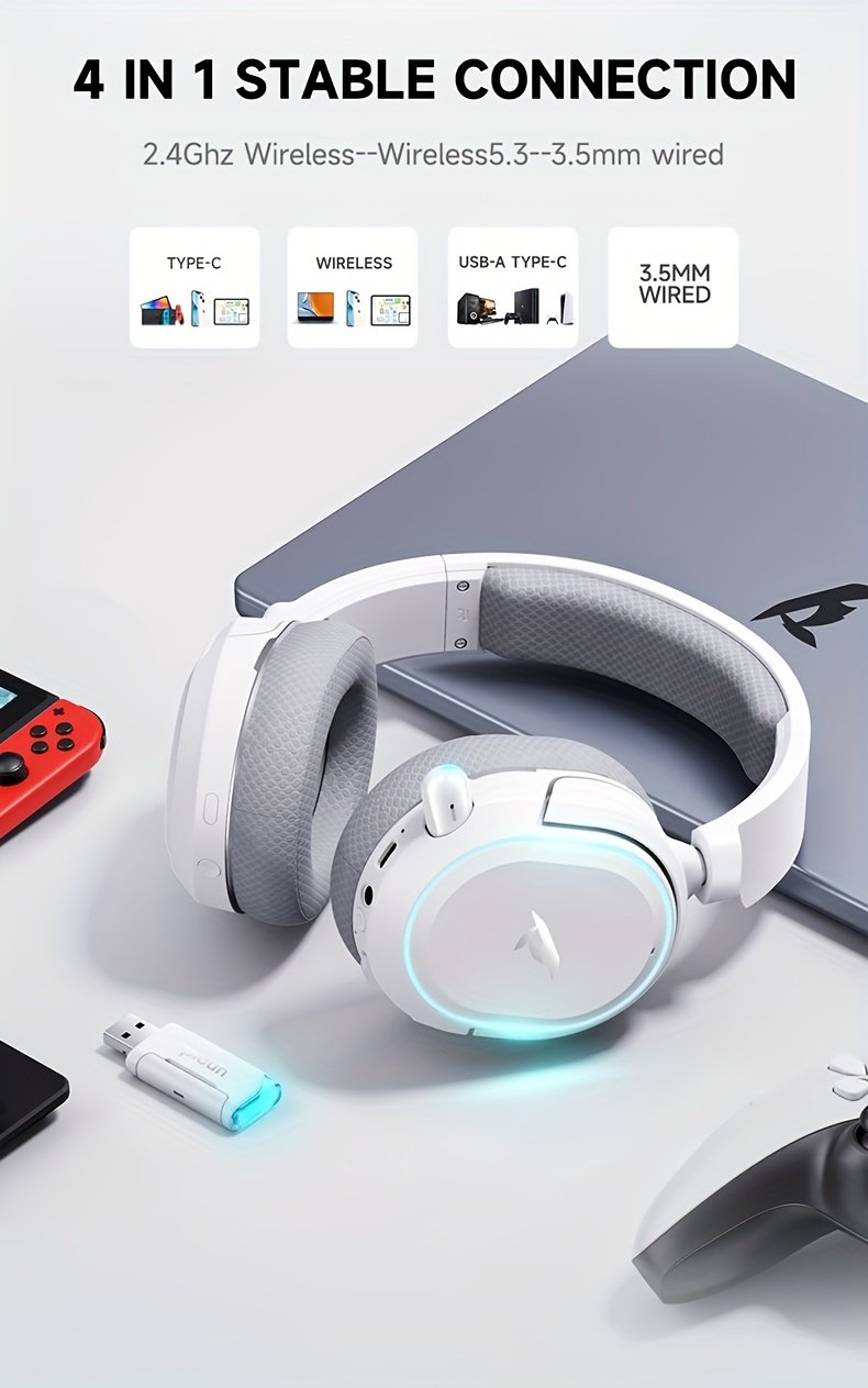 wireless gaming headset - 2.4ghz latency, noise-canceling microphone, 7.1 surround sound, glowing led lights, usb-c transmitter with usb-a adapter for ps5, ps4, pc, closed- , rechargeable lithium battery, 1200mah, gaming headset | modern gaming headset | noise cancelling headset - Image 3