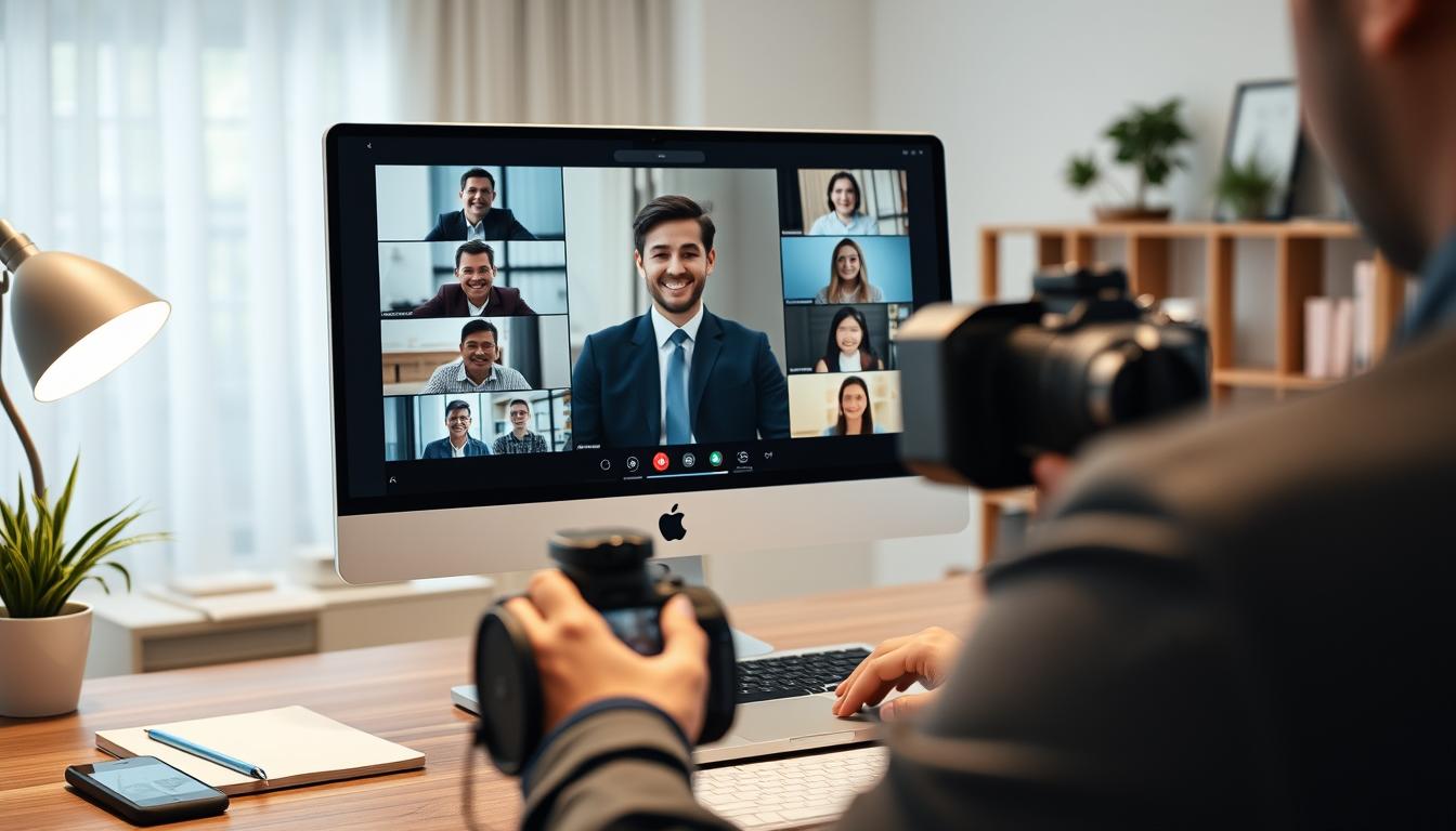 Professional using Apple MacBook Pro (2024) for video conferencing Professional using Apple MacBook Pro (2024) for video conferencing